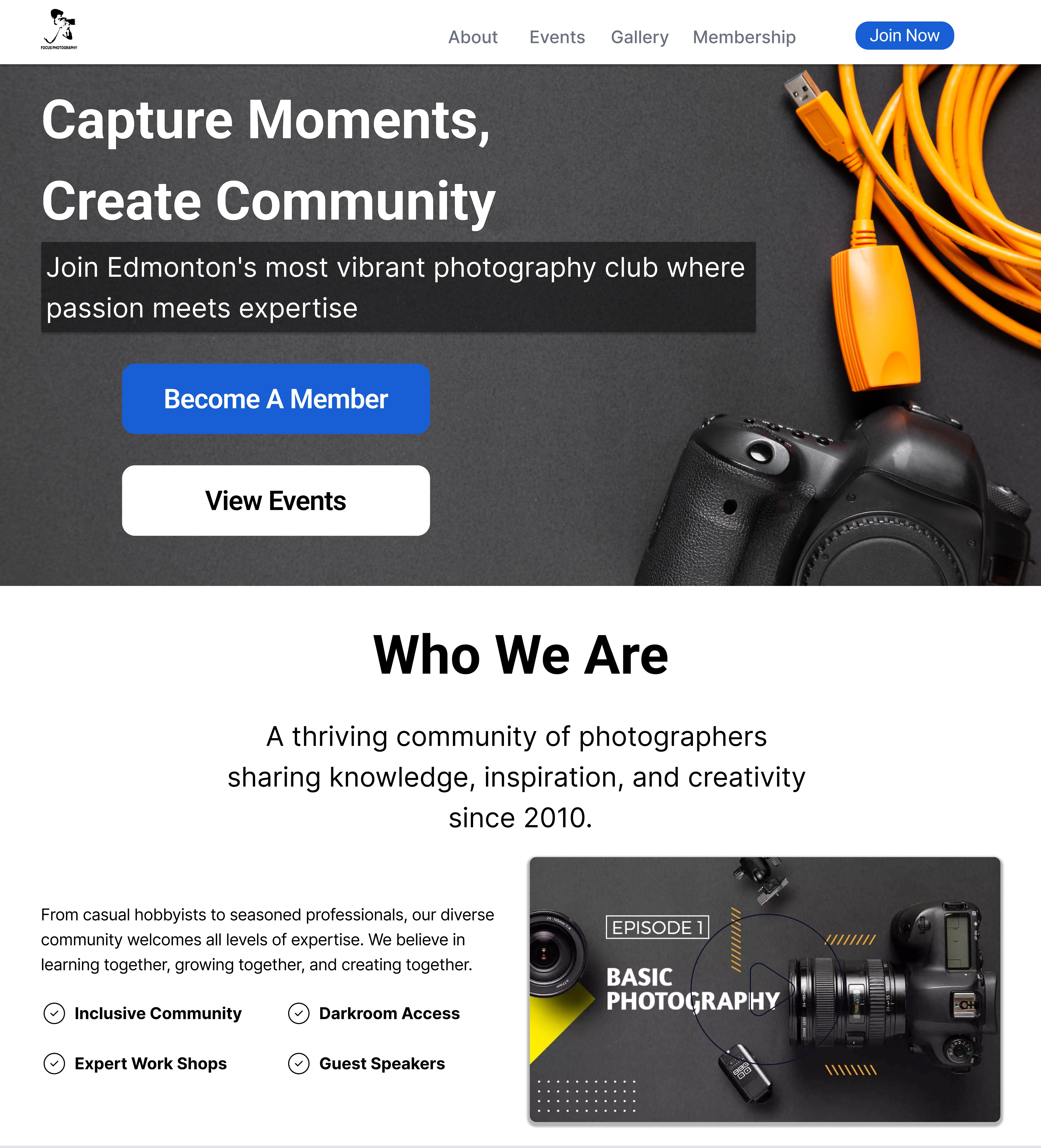 A mockup brand website dashboard for Photography Organization